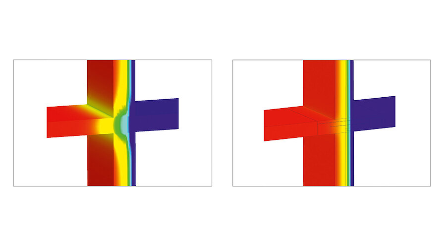 Gegenüberstellung von Balkonplatte und Sockelanschluss: mit und ohne thermischer Trennung. 